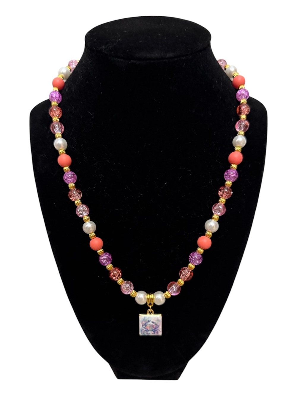 Handmade Pink Beaded Pendant Necklace With Colorful Crab Charm Pendant